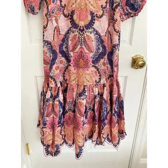 Zimmermann Laurel Billow Belted Puff Sleeve Midi Linen Dress Pink Purple - Picture 10 of 16